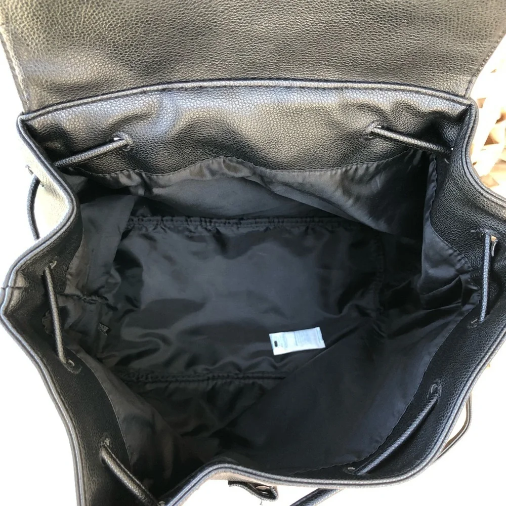 Victoria’s Secret Faux Leather Drawstring Magnet Black Backpack 15”W 12”H 6”D